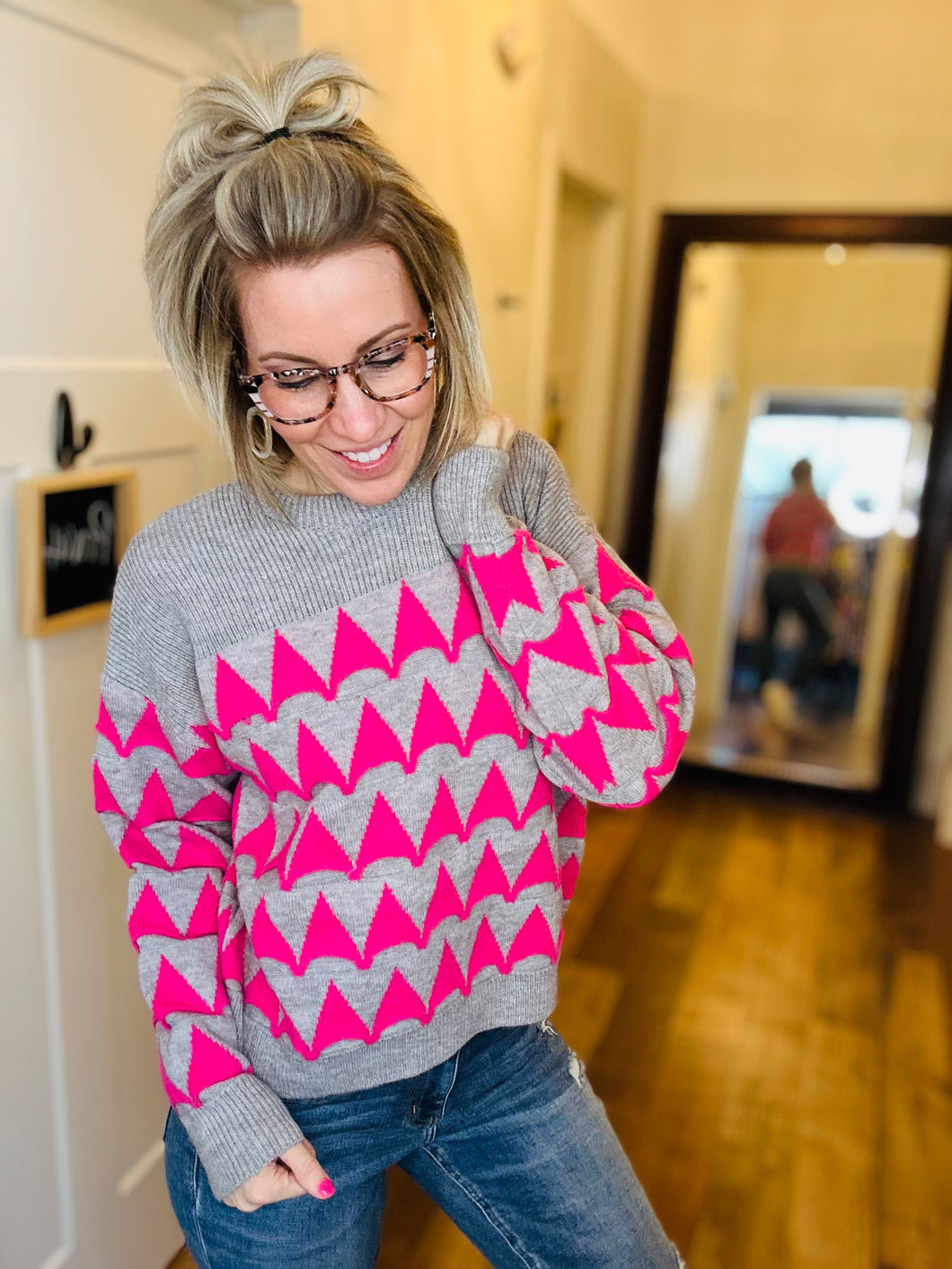 Pink & Grey Diamond Sweater