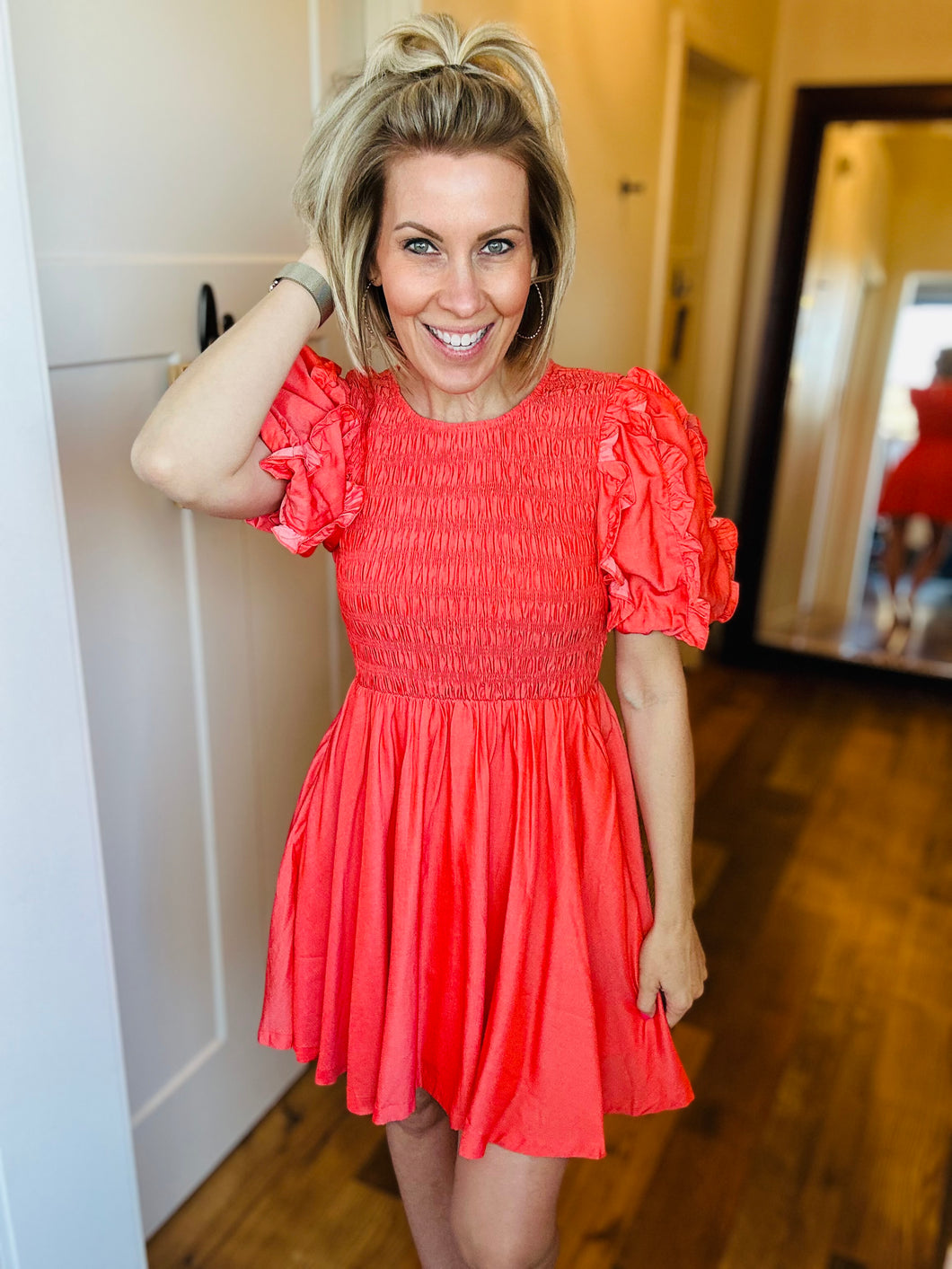 Coral Puff Sleeve Cinched Dress