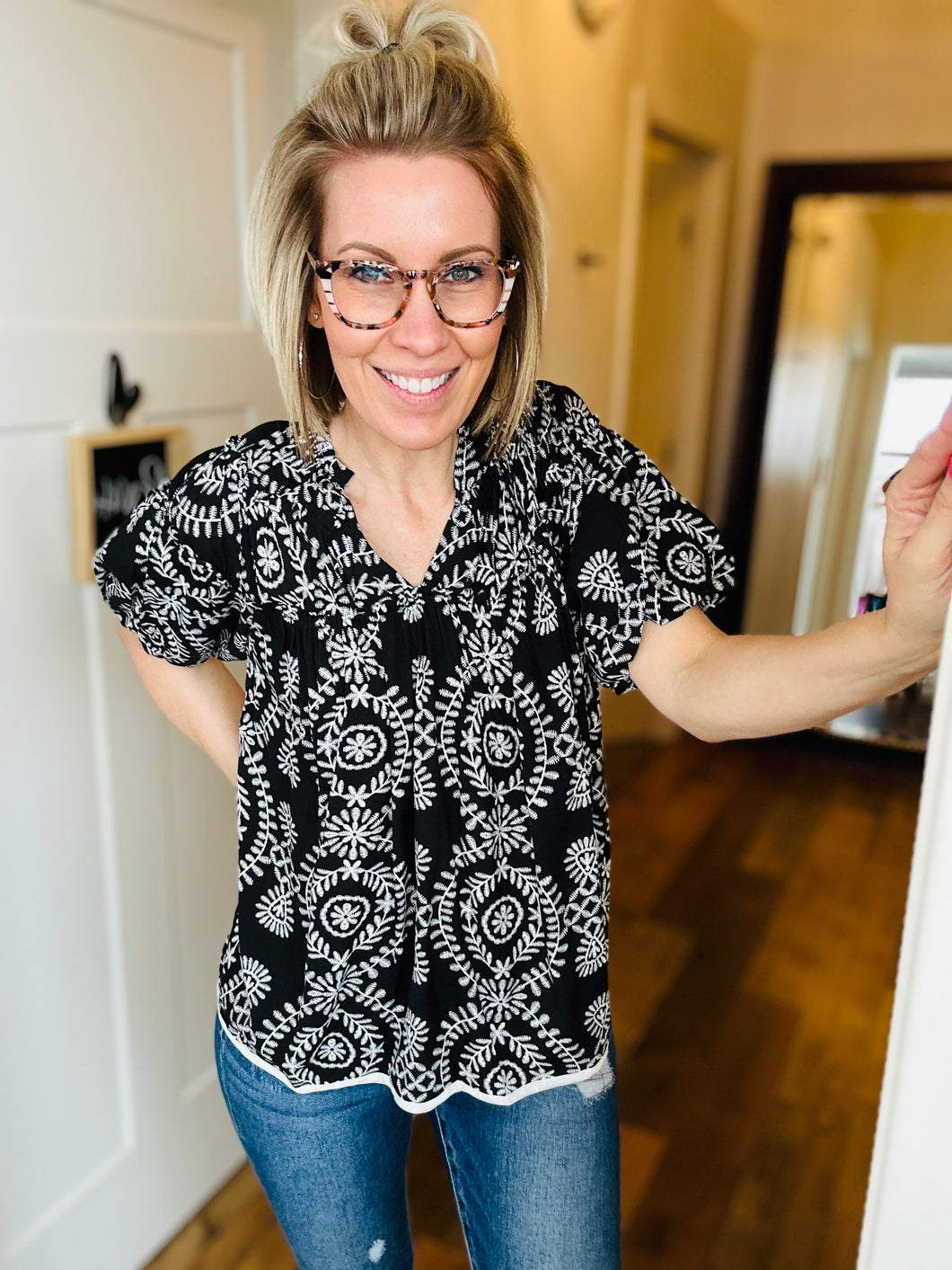 Black Printed Peasant Top