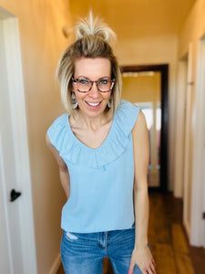 Blue V-Neck Ruffle Ribbed Top