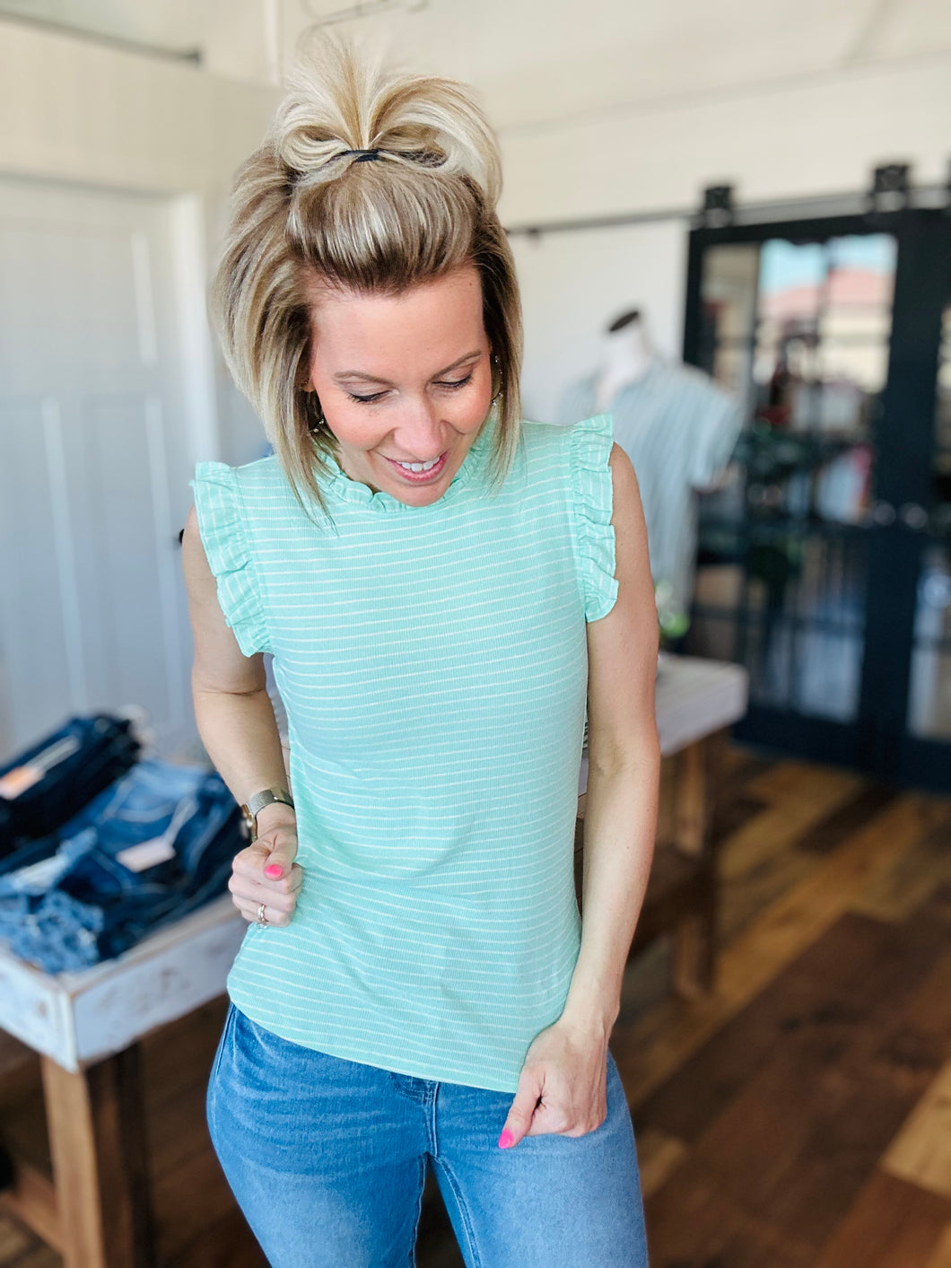 Mint Ruffle Stripe Tank