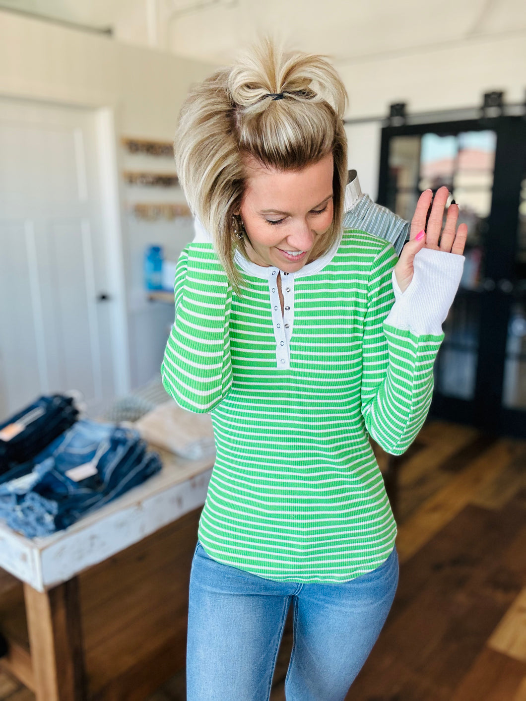 Grass Green Stripe Snap Henley